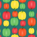 Seamless vector pattern with multi-colored sweet peppers on a green background. Floral ornament. Royalty Free Stock Photo